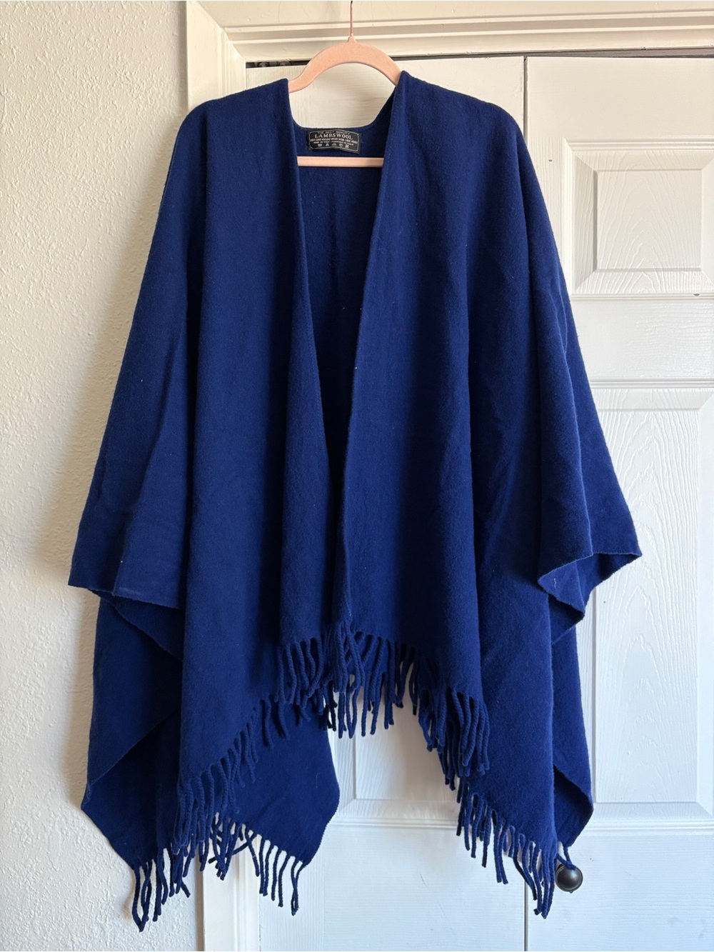 Lambswool Quality Virgin Wool Blue Poncho Fringe Shawl Sweater Made in Italy